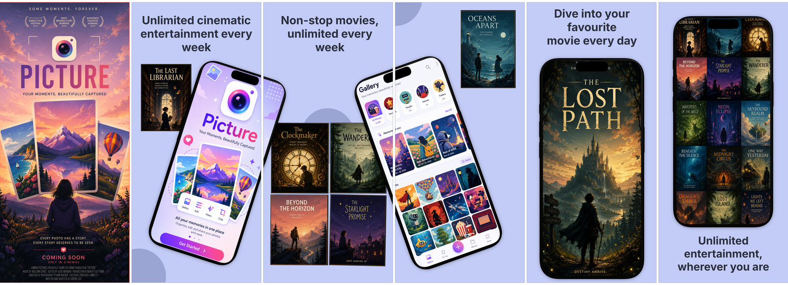 Movie Streaming, full 6-panel carousel